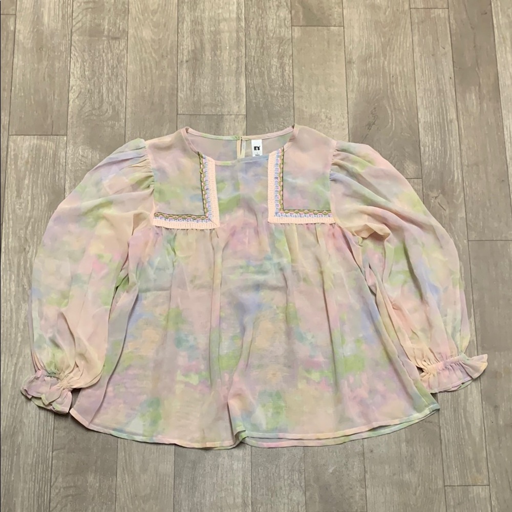 It’s Pastel Embroidery Colorful Keyhole Balloon Puff Sleeve Top‎ Blouse Shirt